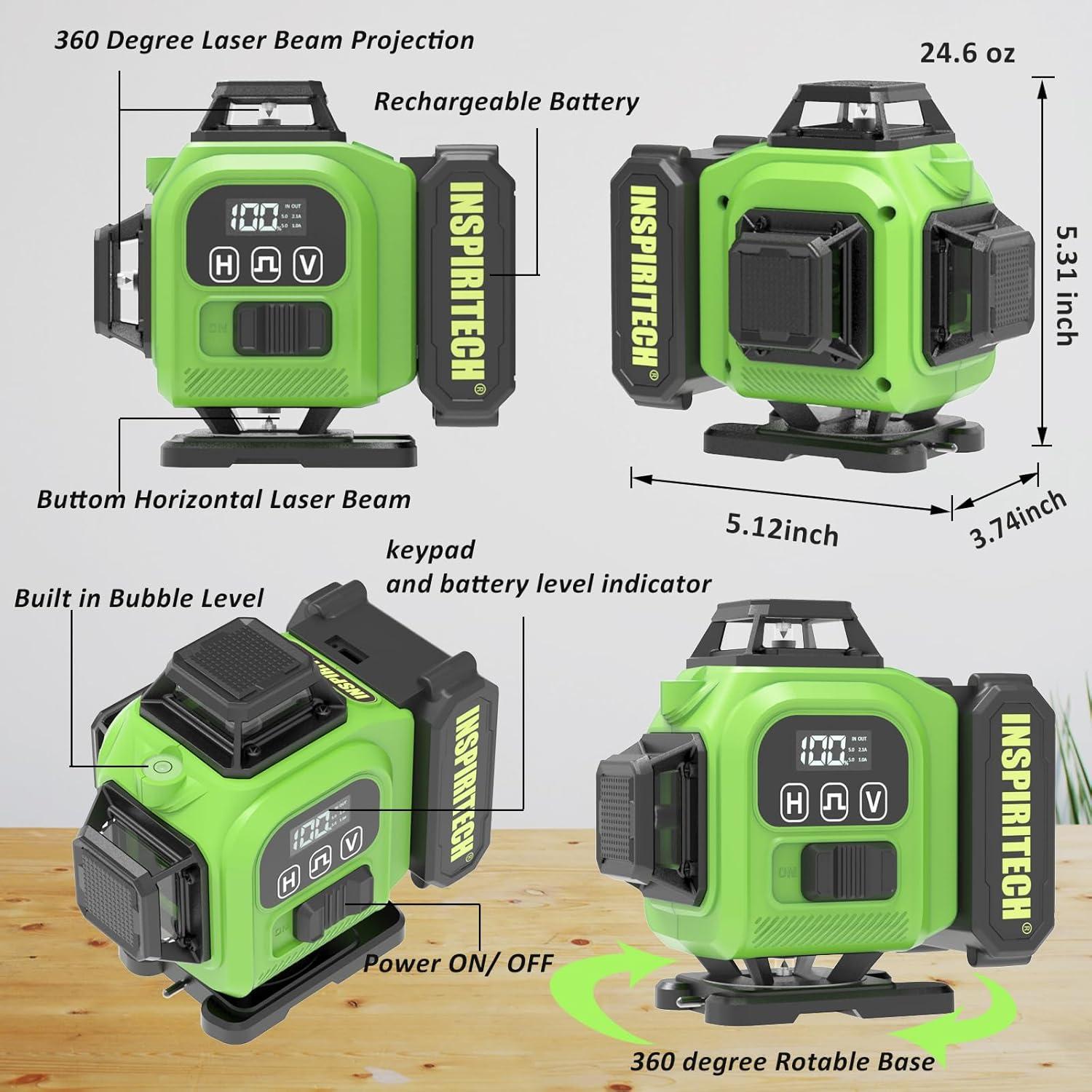 Nivel Láser Verde INSPIRITECH 4x360 Autonivelante con Control Remoto