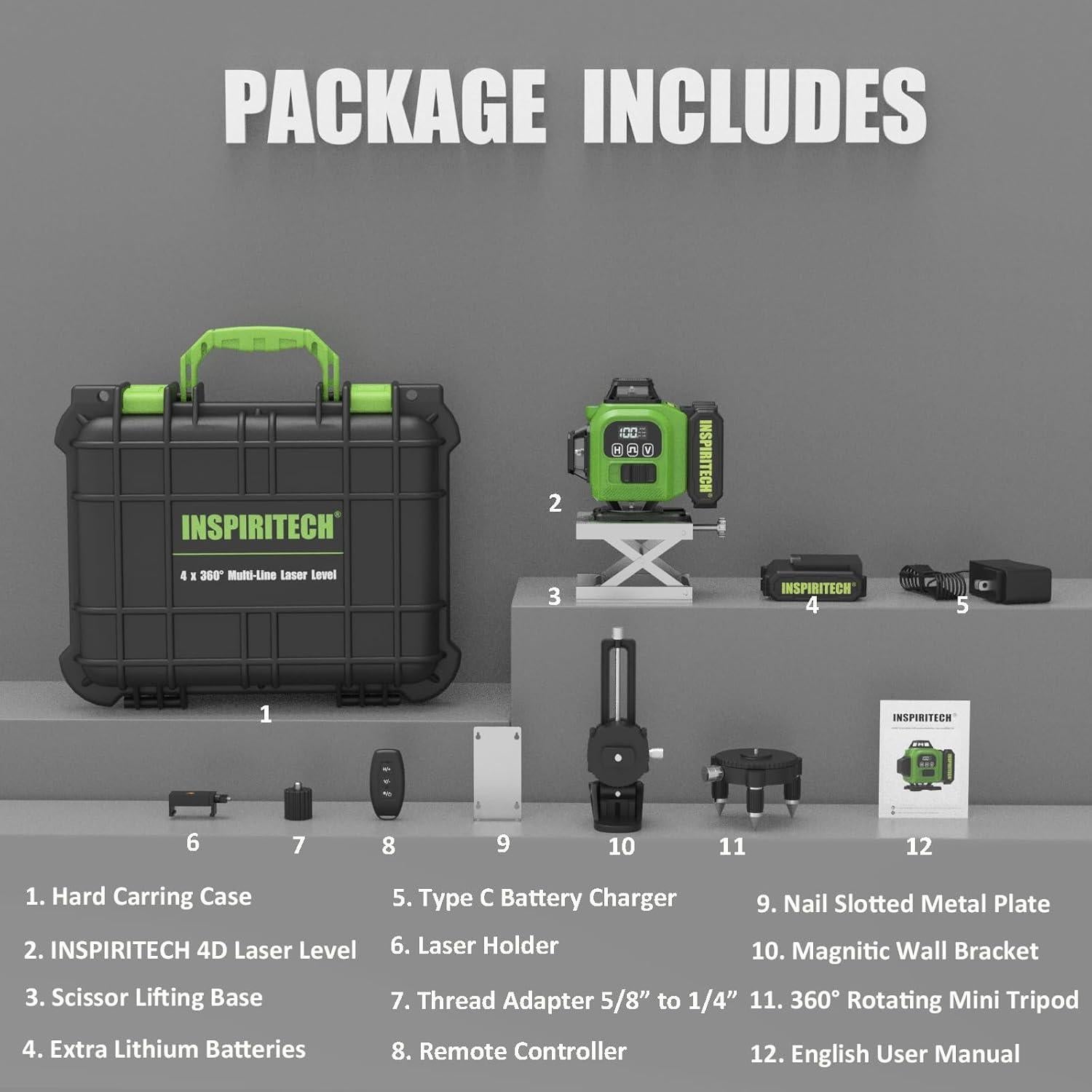 Nivel Láser Verde INSPIRITECH 4x360 Autonivelante con Control Remoto