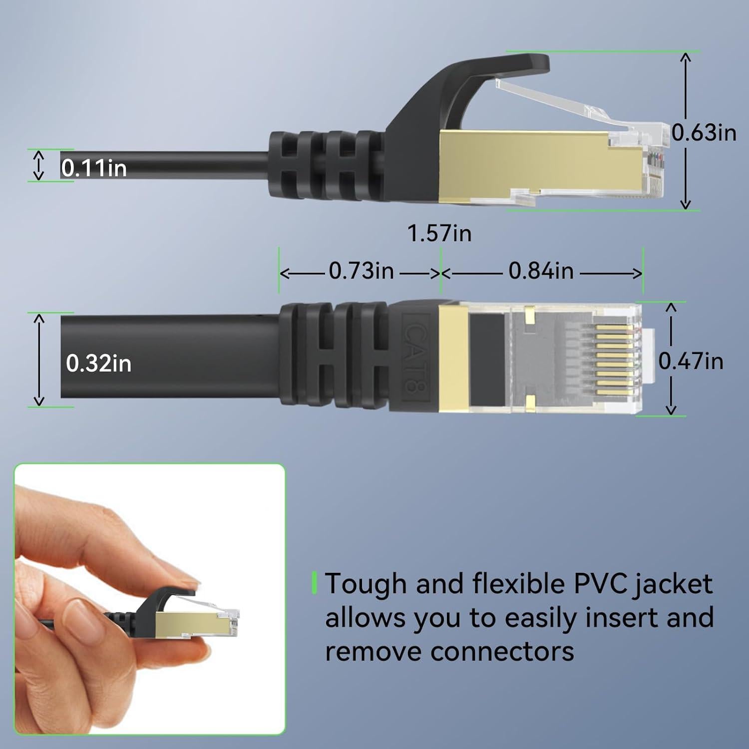 Cable Ethernet Cat 8 BUSOHE 200 Pies 40Gbps 2000MHz Negro