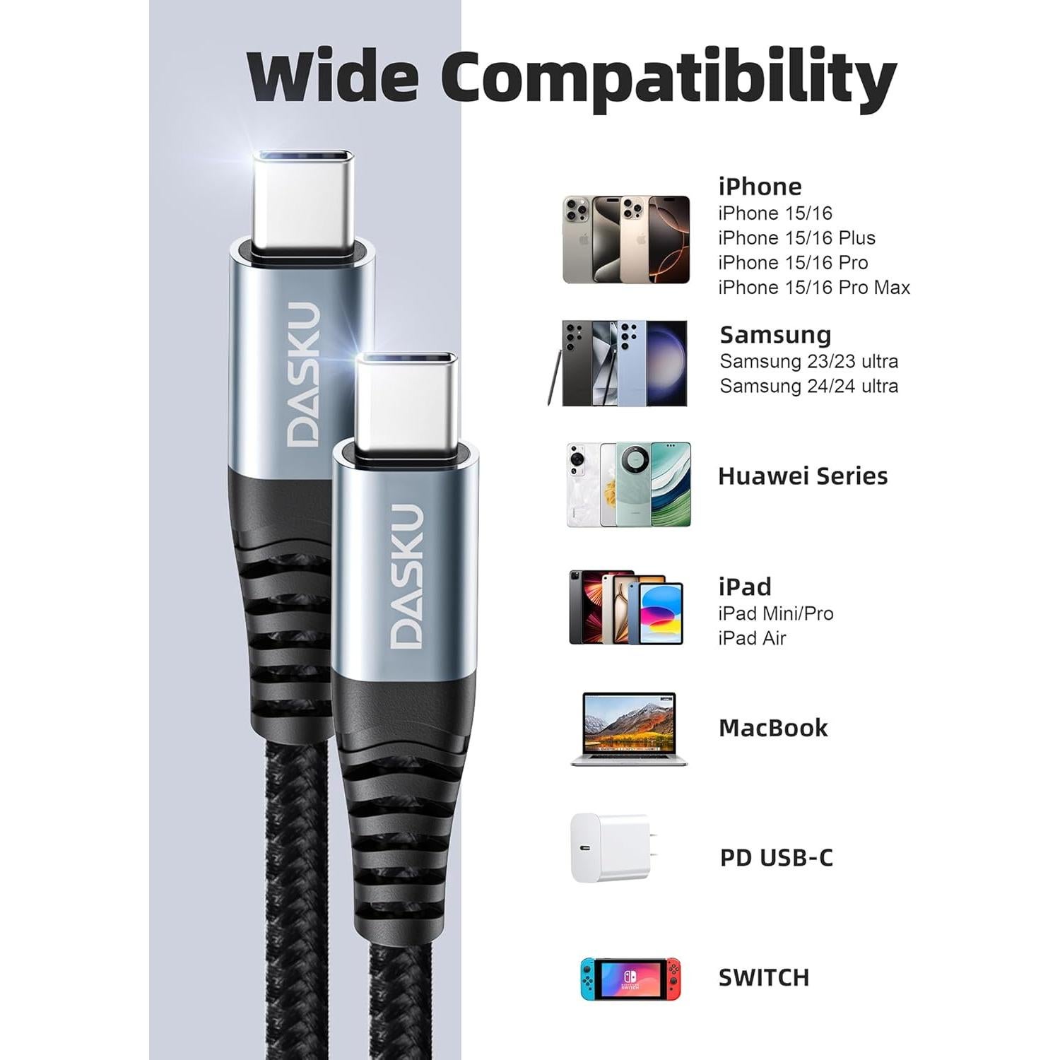 Cable USB C a USB C 15FT Dasku 100W Carga Rápida Trenzado