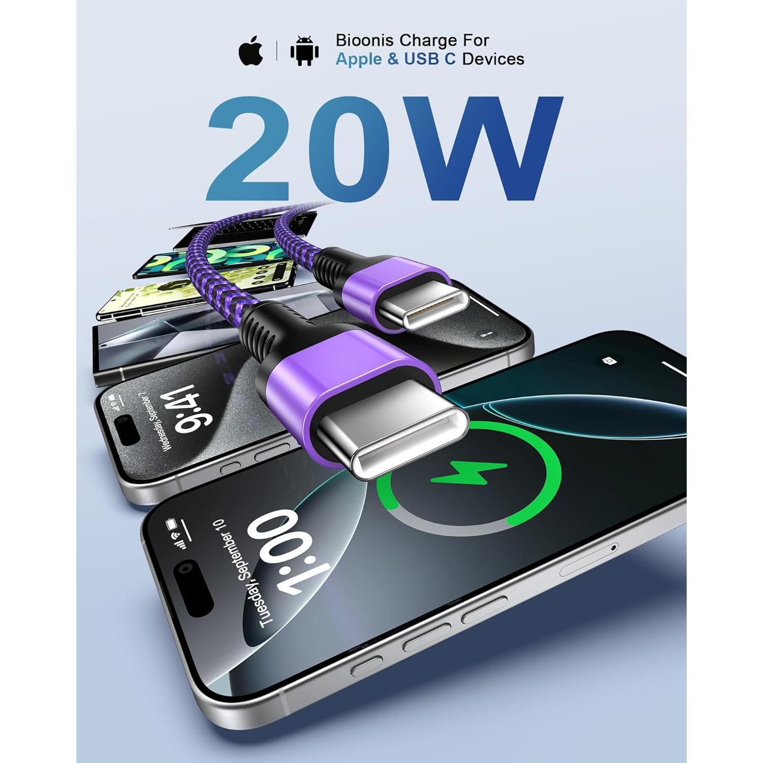 Cable de carga rápida USB C a USB C 3m Bioonis trenzado nylon