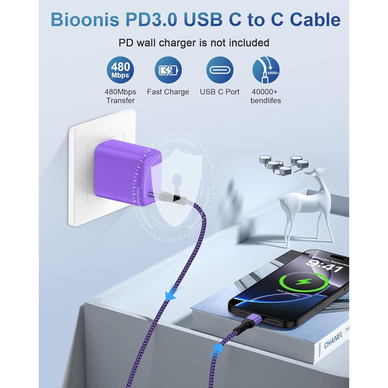 Cable de carga rápida USB C a USB C 3m Bioonis trenzado nylon