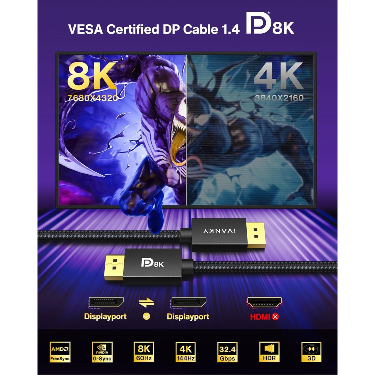 Cable DisplayPort 8K 1.4 IVANKY 2m Trenzado Certificado VESA
