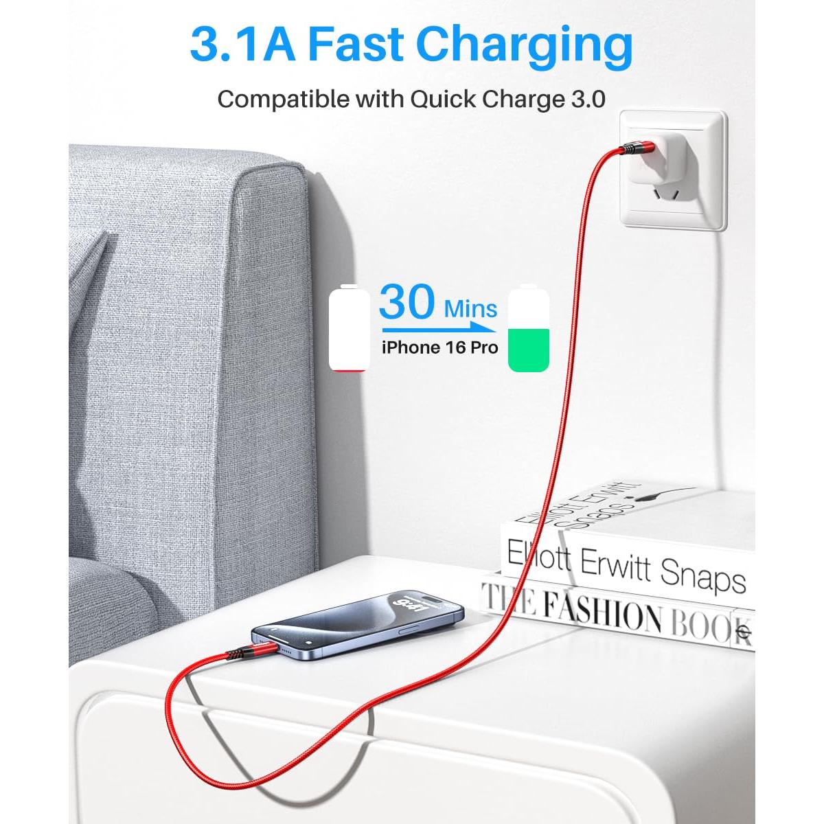 Cable USB C 3m Rojo 10Gbps LDLrui Carga Rápida 3.1A