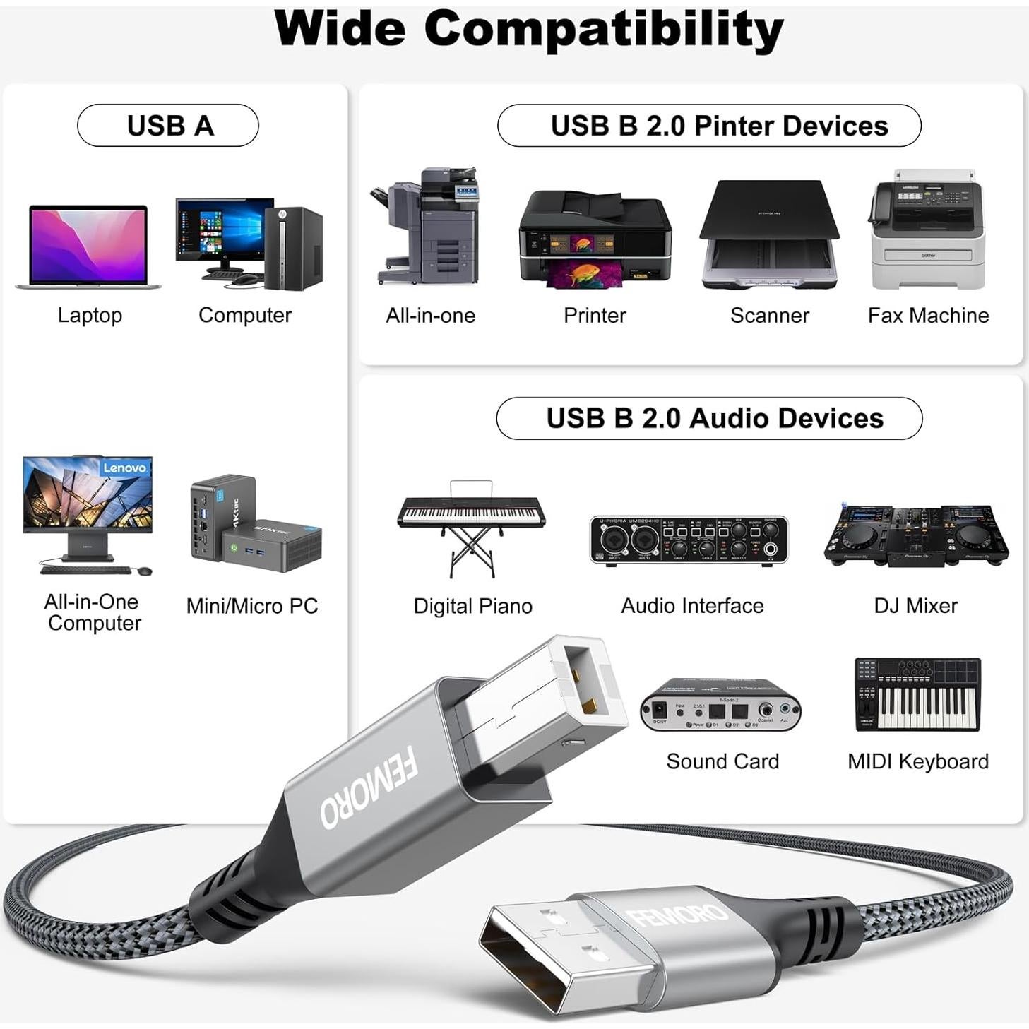 Cable de Impresora USB 2.0 FEMORO 10 Pies (3.05m) Alta Velocidad