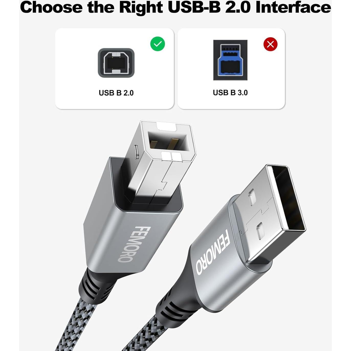 Cable de Impresora USB 2.0 FEMORO 10 Pies (3.05m) Alta Velocidad