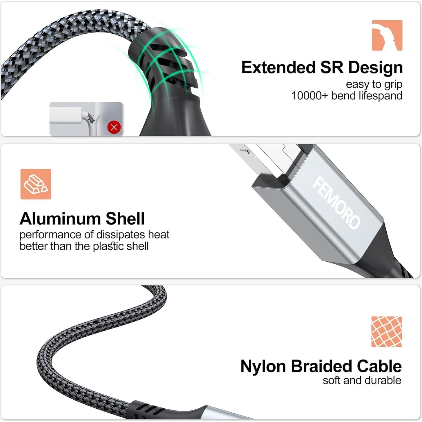 Cable de Impresora USB 2.0 FEMORO 10 Pies (3.05m) Alta Velocidad