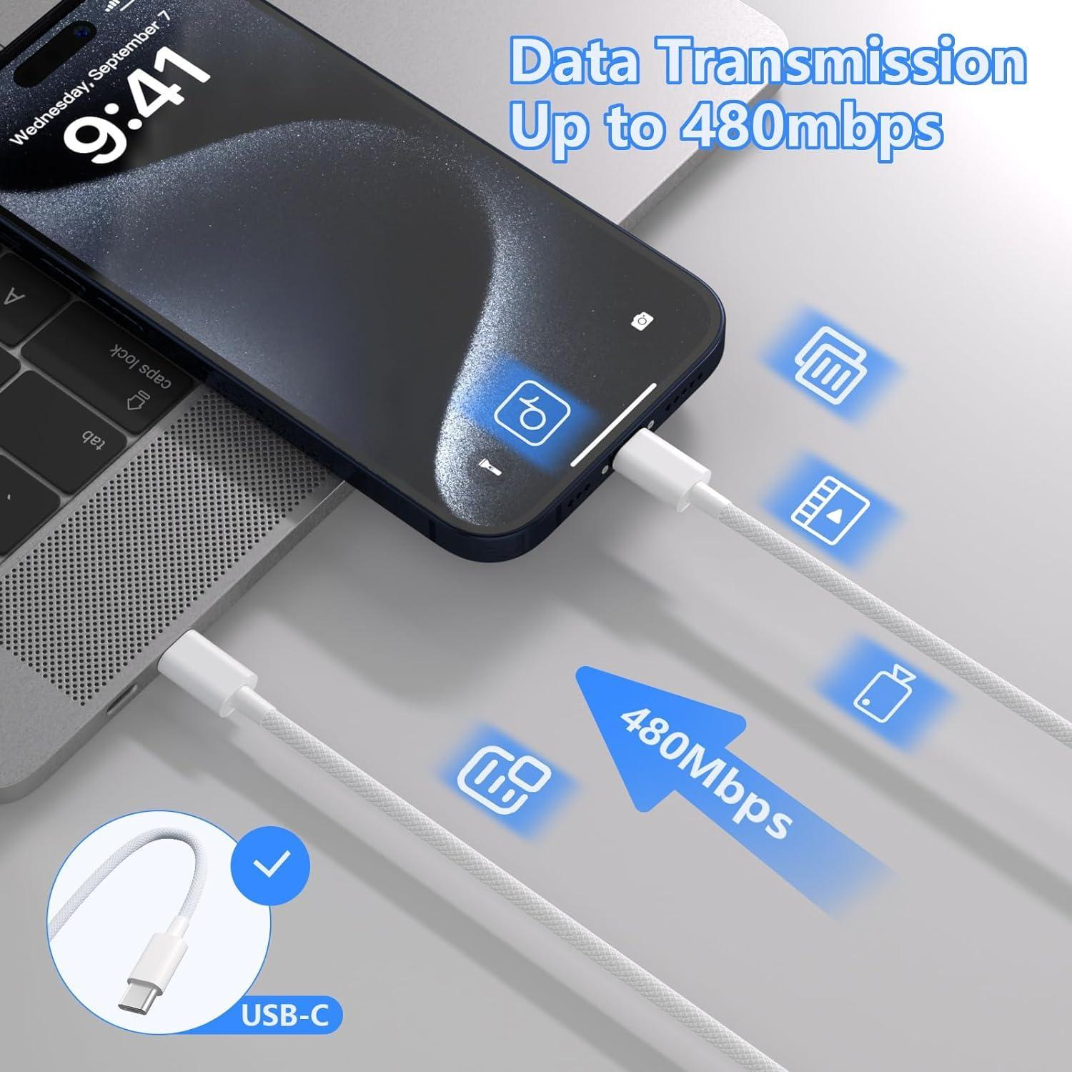 Cable USB C a USB C 240W 3m MFi Cargador Rápido 3 Paquete