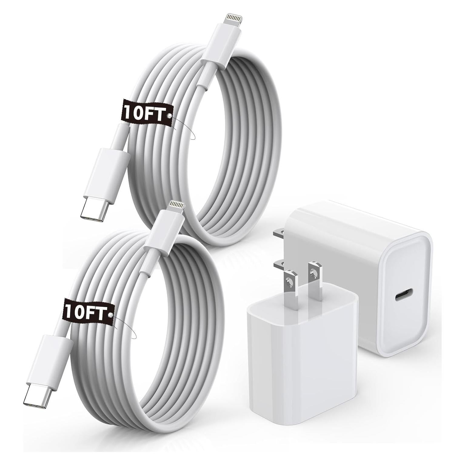 Cargador Rápido 20W Apple MFi + 2 Cables Lightning 10FT