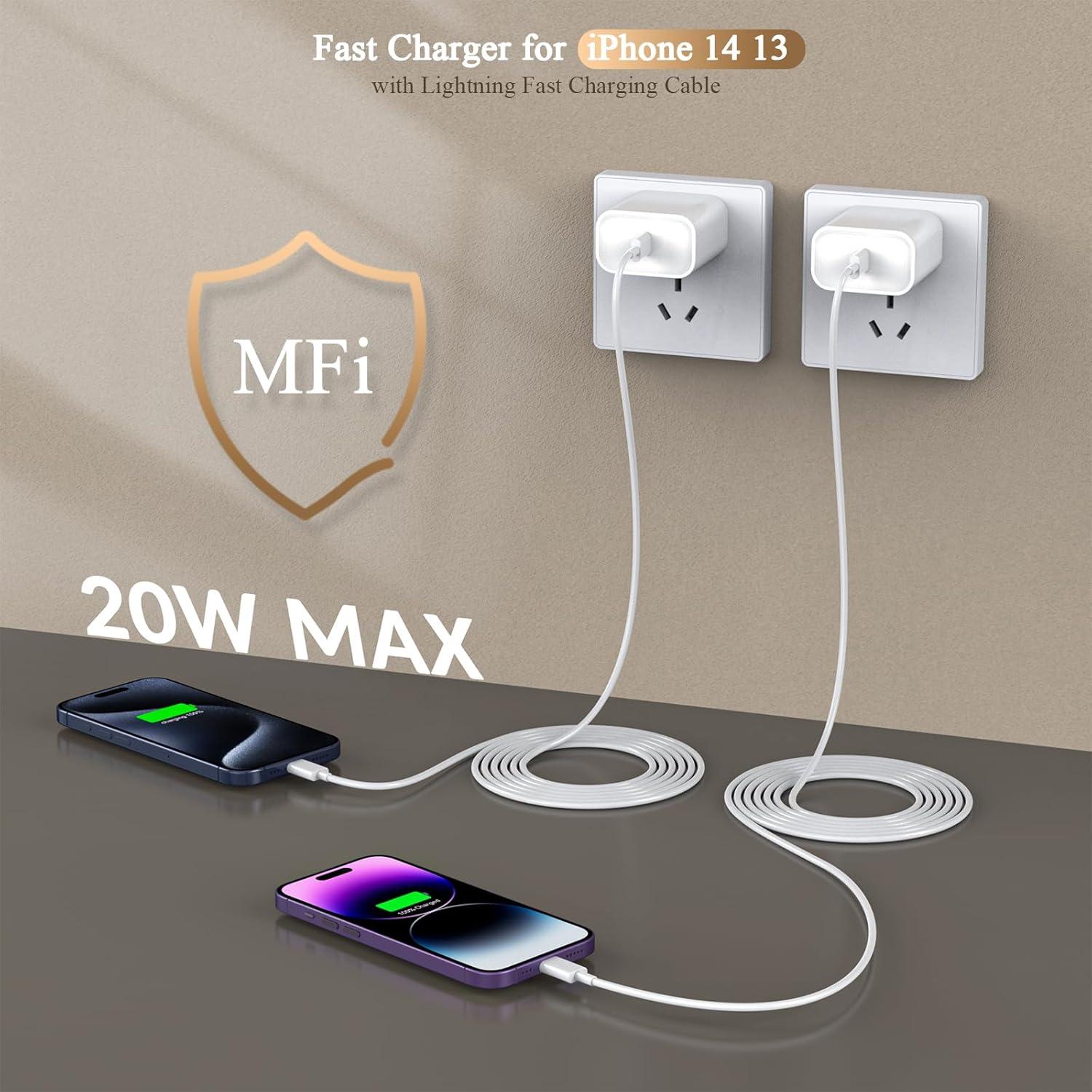 Cargador Rápido 20W Apple MFi + 2 Cables Lightning 10FT