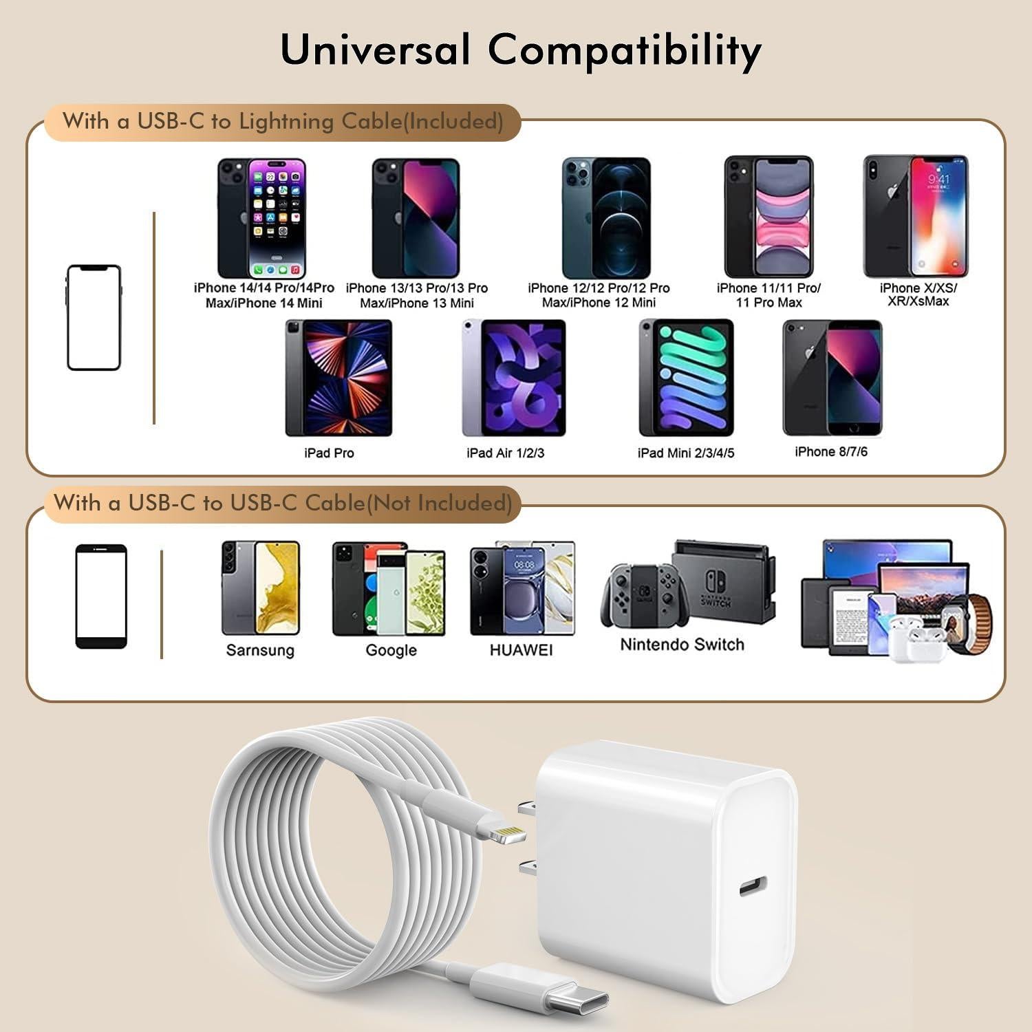 Cargador Rápido 20W Apple MFi + 2 Cables Lightning 10FT