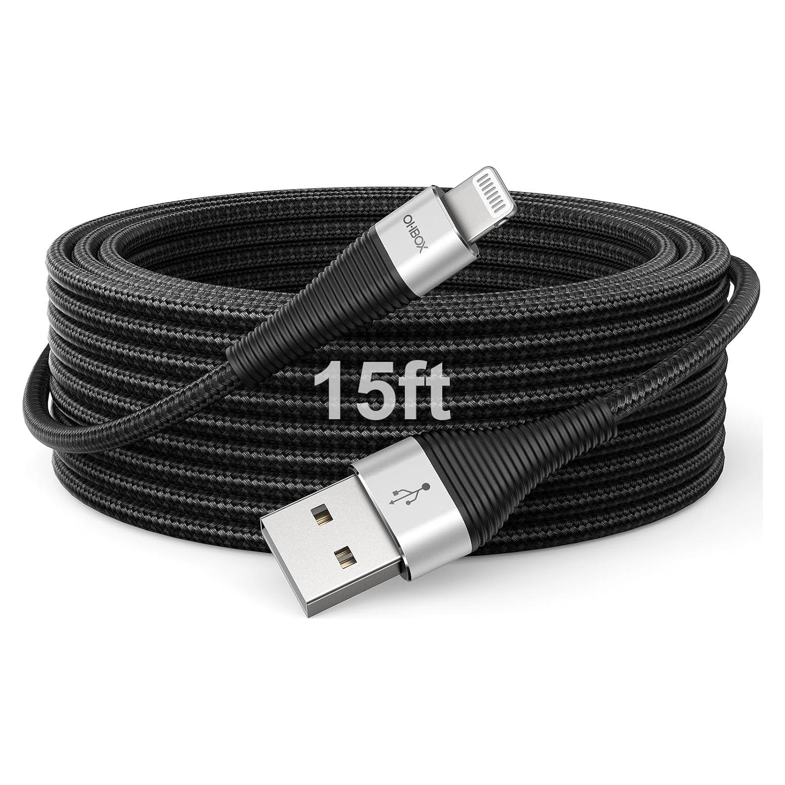 Cable de Cargador Largo 4.57m MFi para iPhone Negro