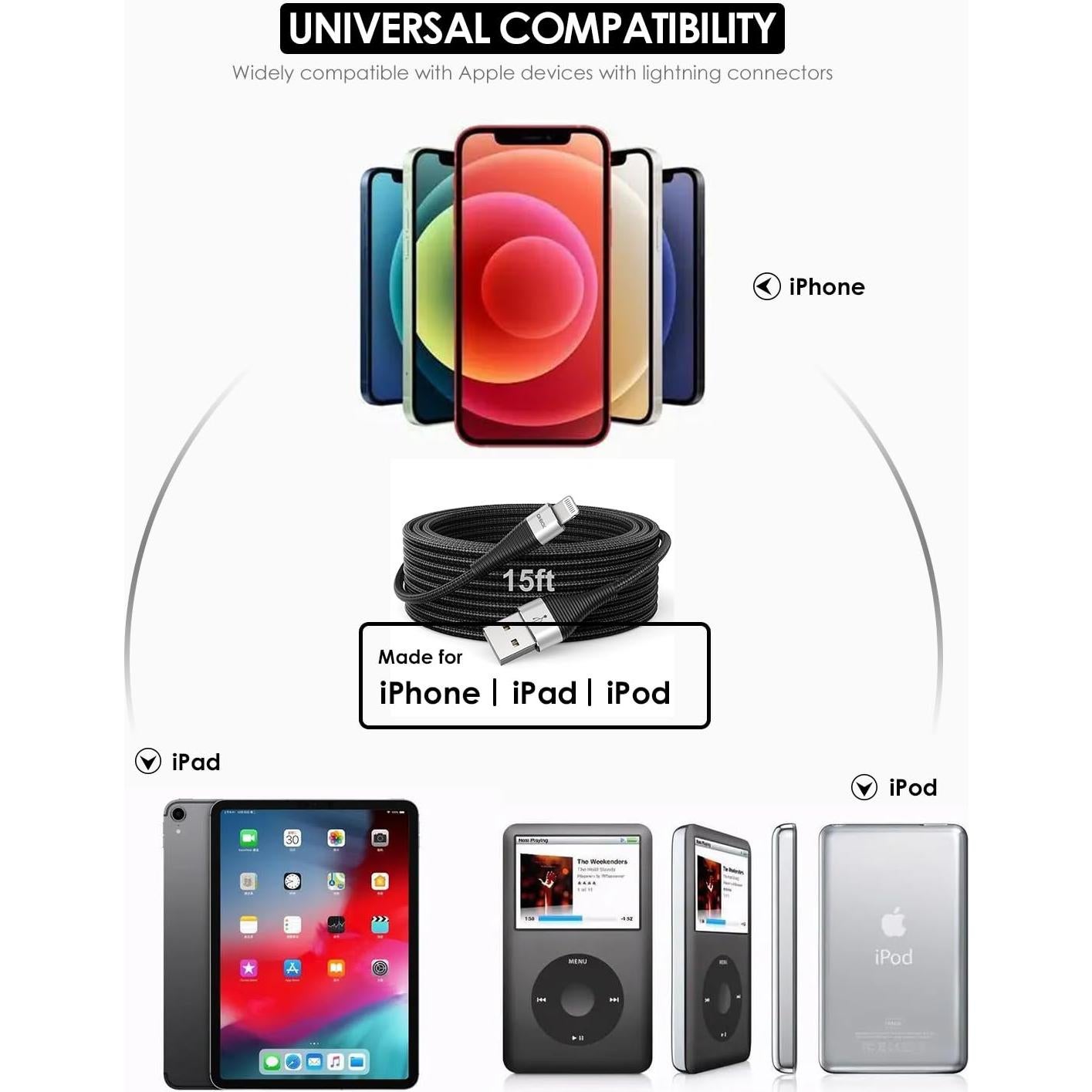 Cable de Cargador Largo 4.57m MFi para iPhone Negro