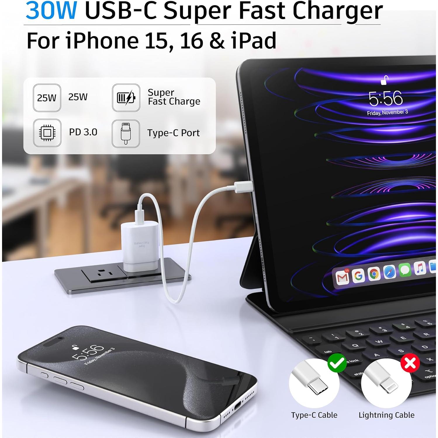 Cargador Rápido 30W USB C Shenzhen Xihuida 2 Cables 2m y 3.05m
