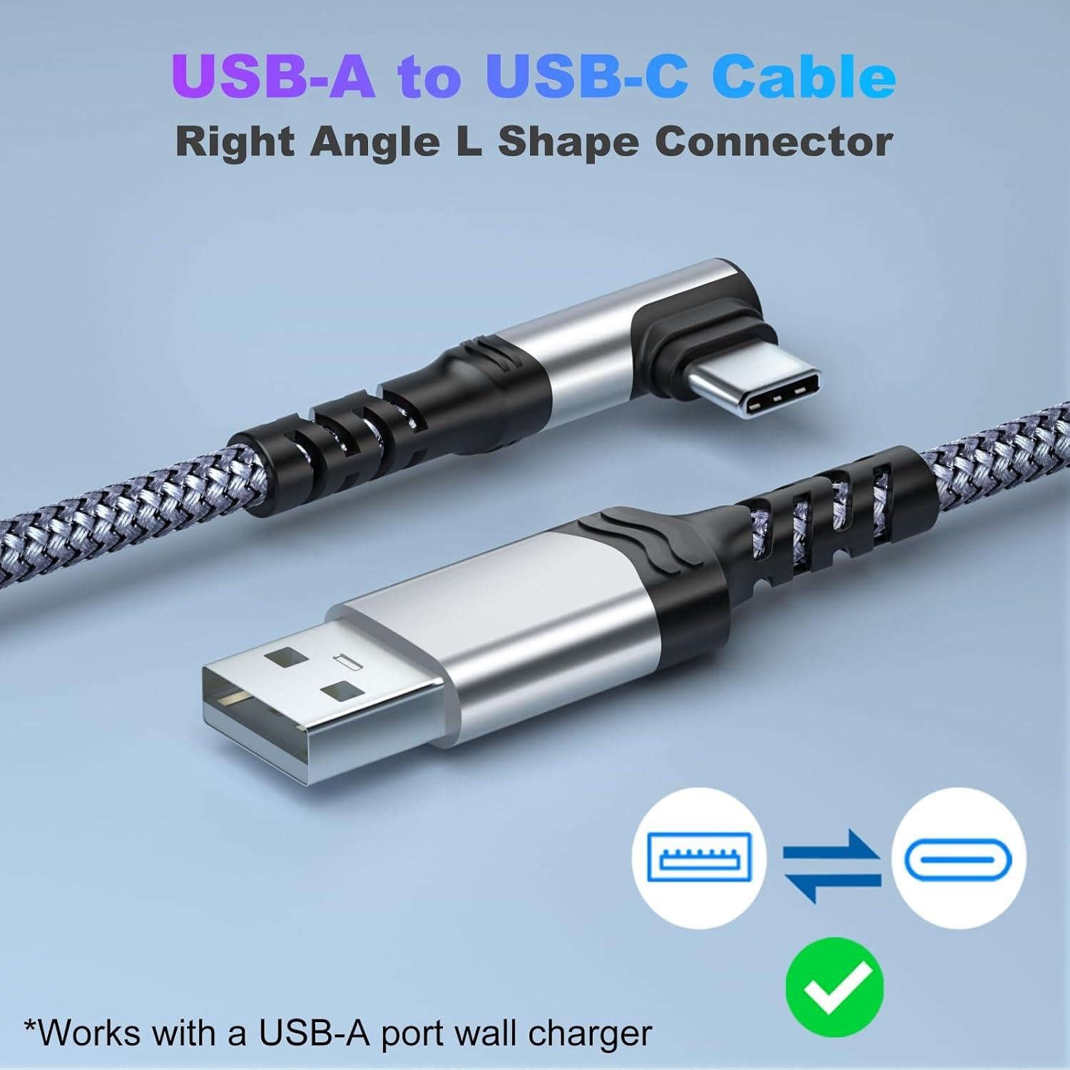 Paquete de 6 cables USB C 10 pies Agtray carga rápida 90°