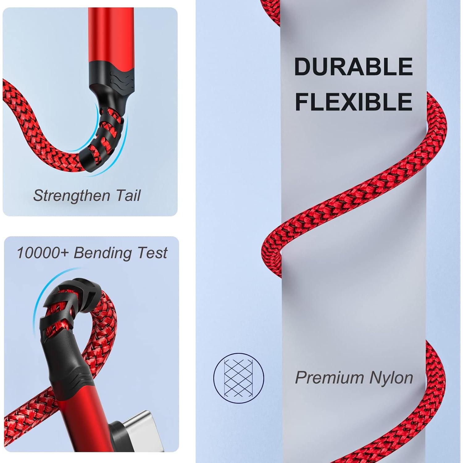 Paquete de 6 cables USB C 10 pies Agtray carga rápida 90°