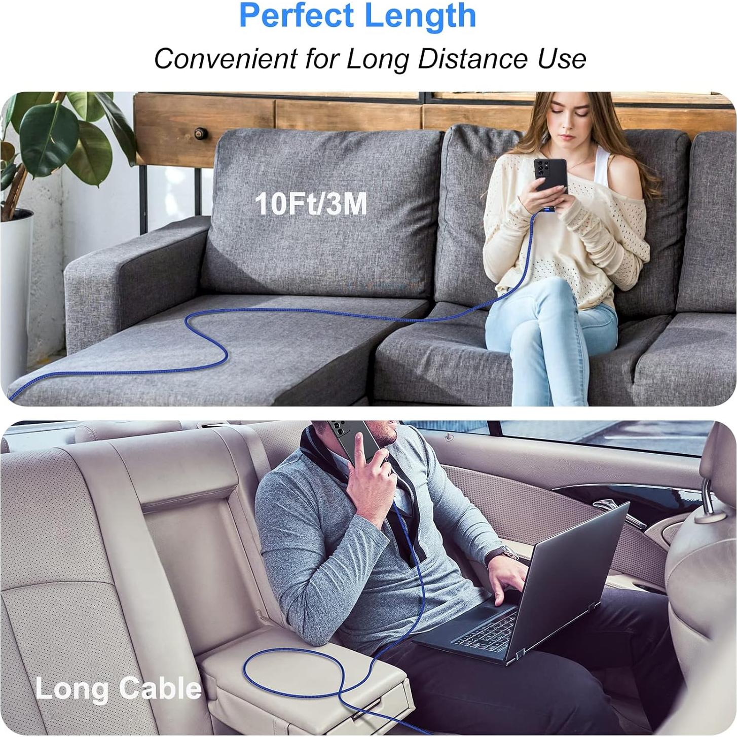 Paquete de 6 cables USB C 10 pies Agtray carga rápida 90°