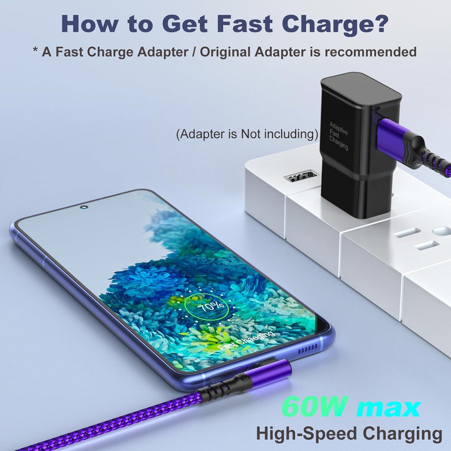 Paquete de 6 cables USB C 10 pies Agtray carga rápida 90°