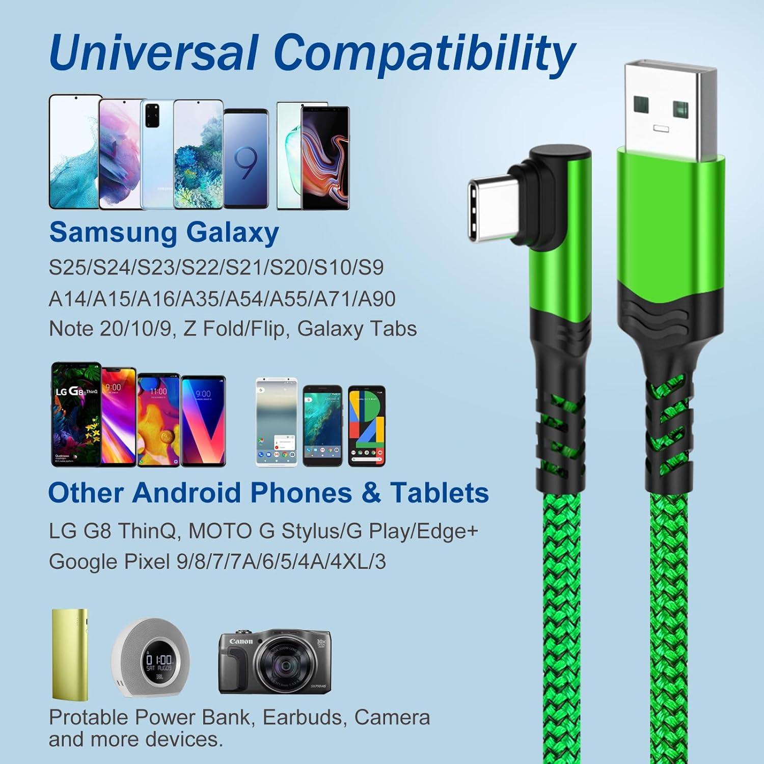 Paquete de 6 cables USB C 10 pies Agtray carga rápida 90°