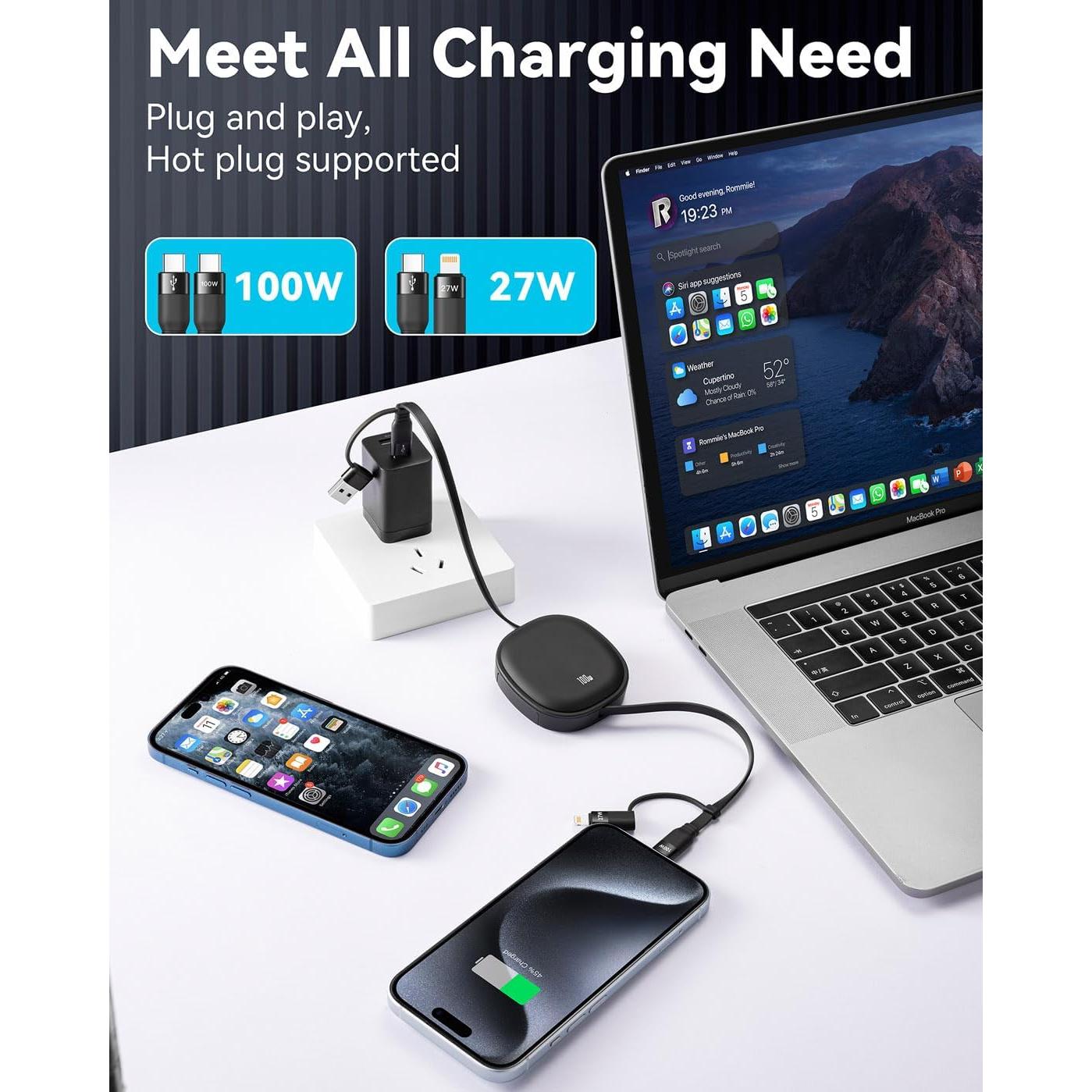 Cable USB Tipo C Retráctil 5 en 1 MINLU 100W 1.16m Negro