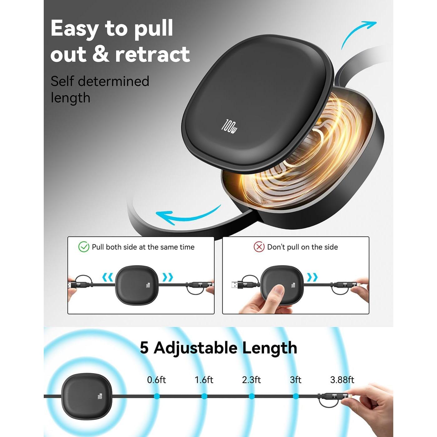 Cable USB Tipo C Retráctil 5 en 1 MINLU 100W 1.16m Negro