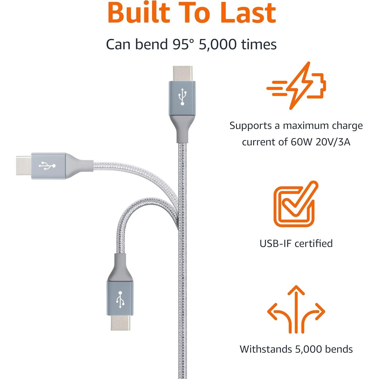 Cable de carga rápida USB-C a USB-C Amazon Basics 3m 60W