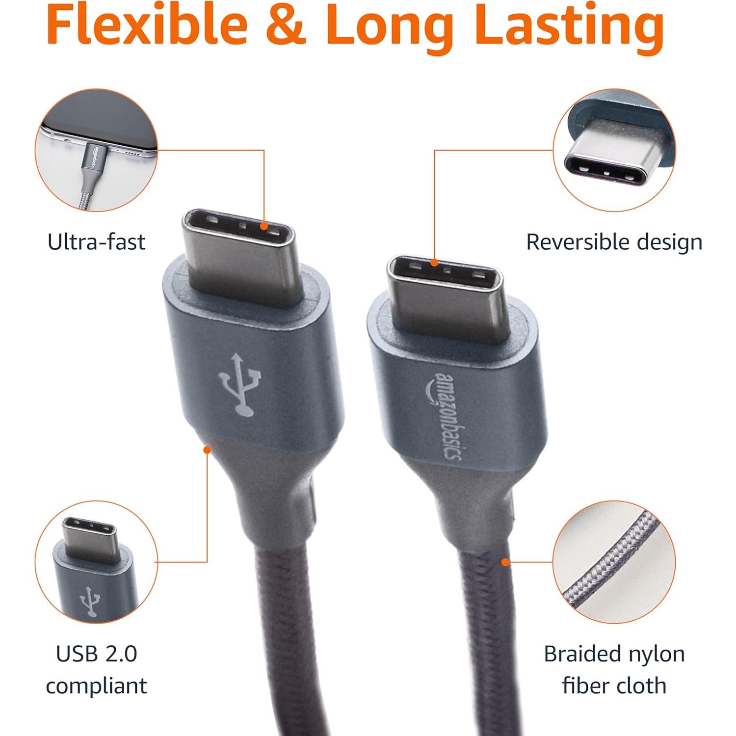 Cable de carga rápida USB-C a USB-C Amazon Basics 3m 60W