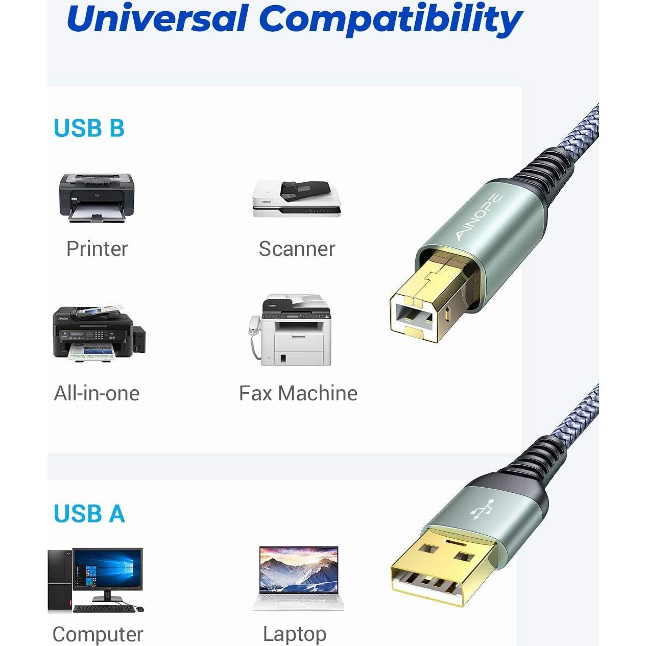 Cable de Impresora USB A a B AINOPE 3m Gris Trenzado Alta Velocidad