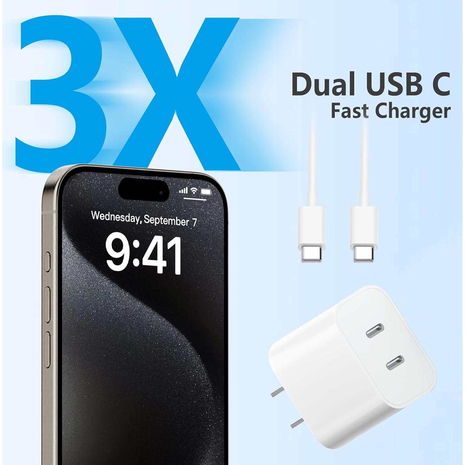 Cargador Rápido Dual USB-C 20W + 2 Cables 3m para iPhone 16/15
