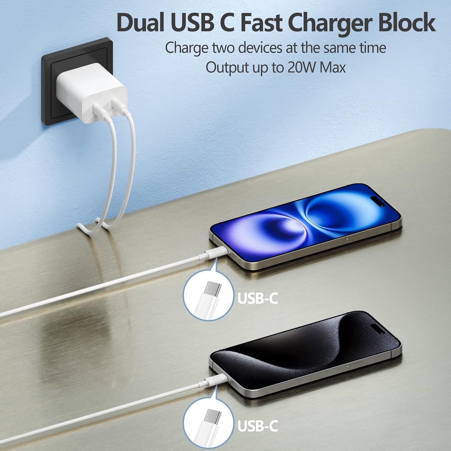 Cargador Rápido Dual USB-C 20W + 2 Cables 3m para iPhone 16/15