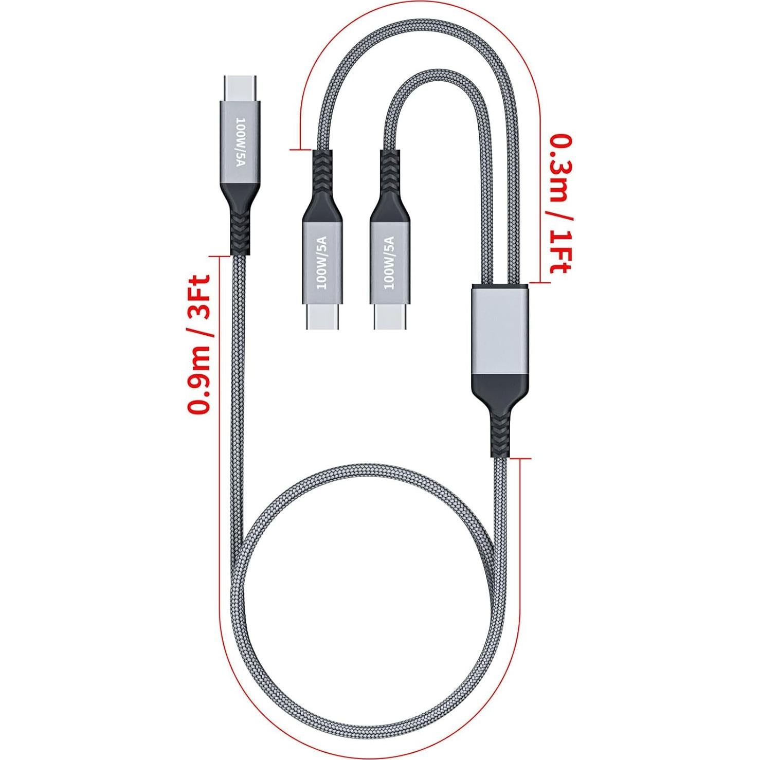 Cable USB-C 2-en-1 100W 1.2m Awnuwuy Carga Rápida Dual