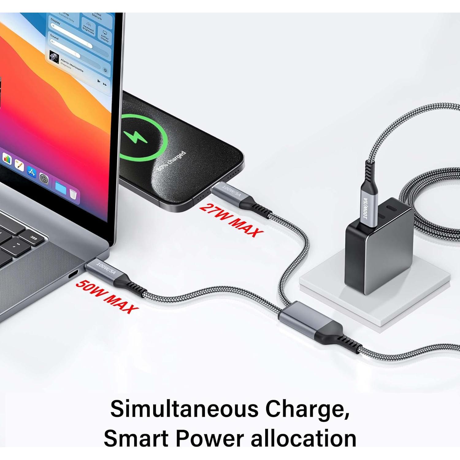 Cable USB-C 2-en-1 100W 1.2m Awnuwuy Carga Rápida Dual