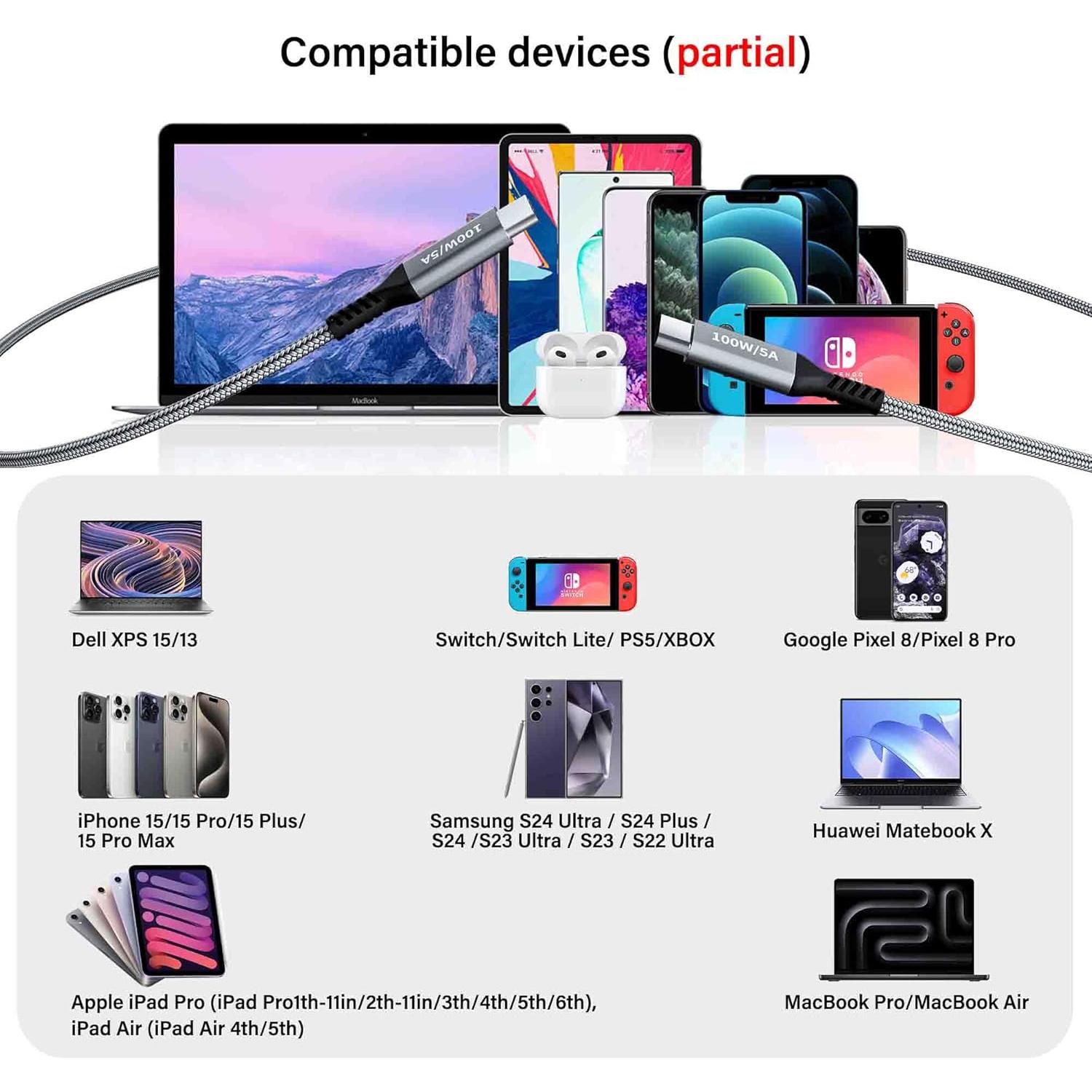 Cable USB-C 2-en-1 100W 1.2m Awnuwuy Carga Rápida Dual