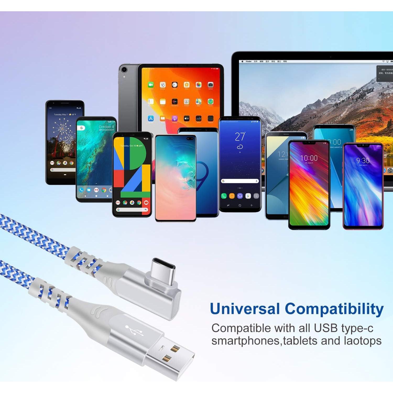 Cable USB C Pofesun 3m Carga Rápida 3A Ángulo Recto 3 Pack