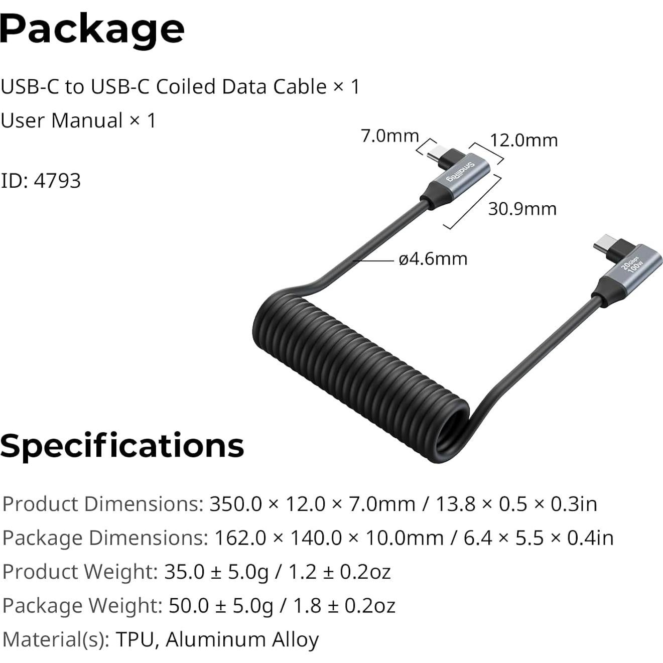 Cable USB C Enrollado 0.60m SmallRig 20Gbps Carga Rápida