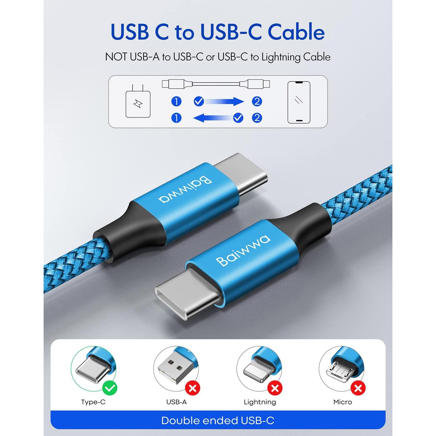 Cable USB C a C 3.05m Baiwwa 60W Carga Rápida 2 Unidades