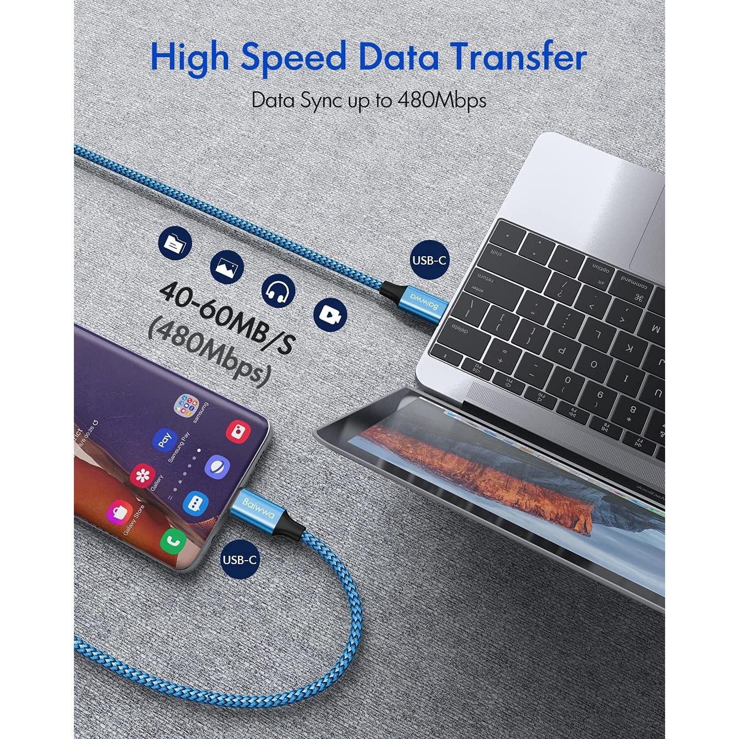 Cable USB C a C 3.05m Baiwwa 60W Carga Rápida 2 Unidades