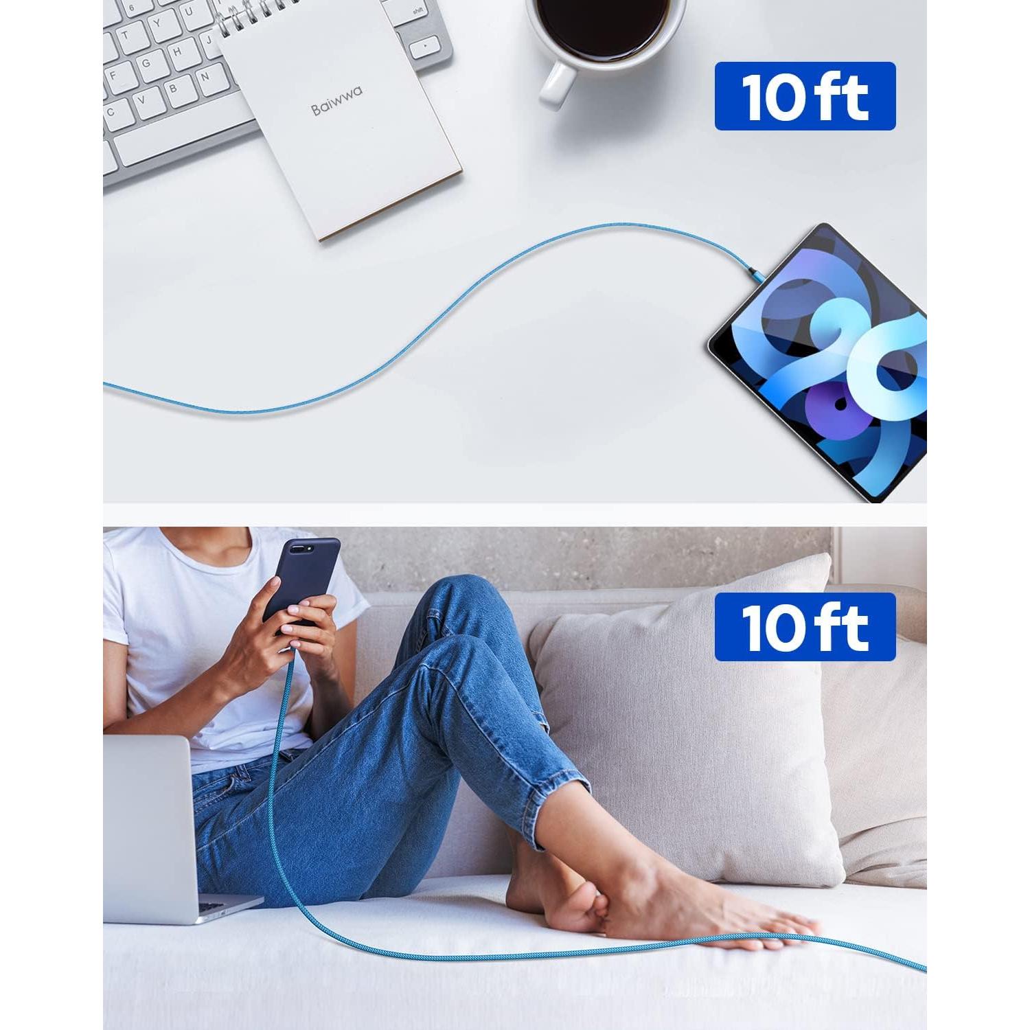 Cable USB C a C 3.05m Baiwwa 60W Carga Rápida 2 Unidades