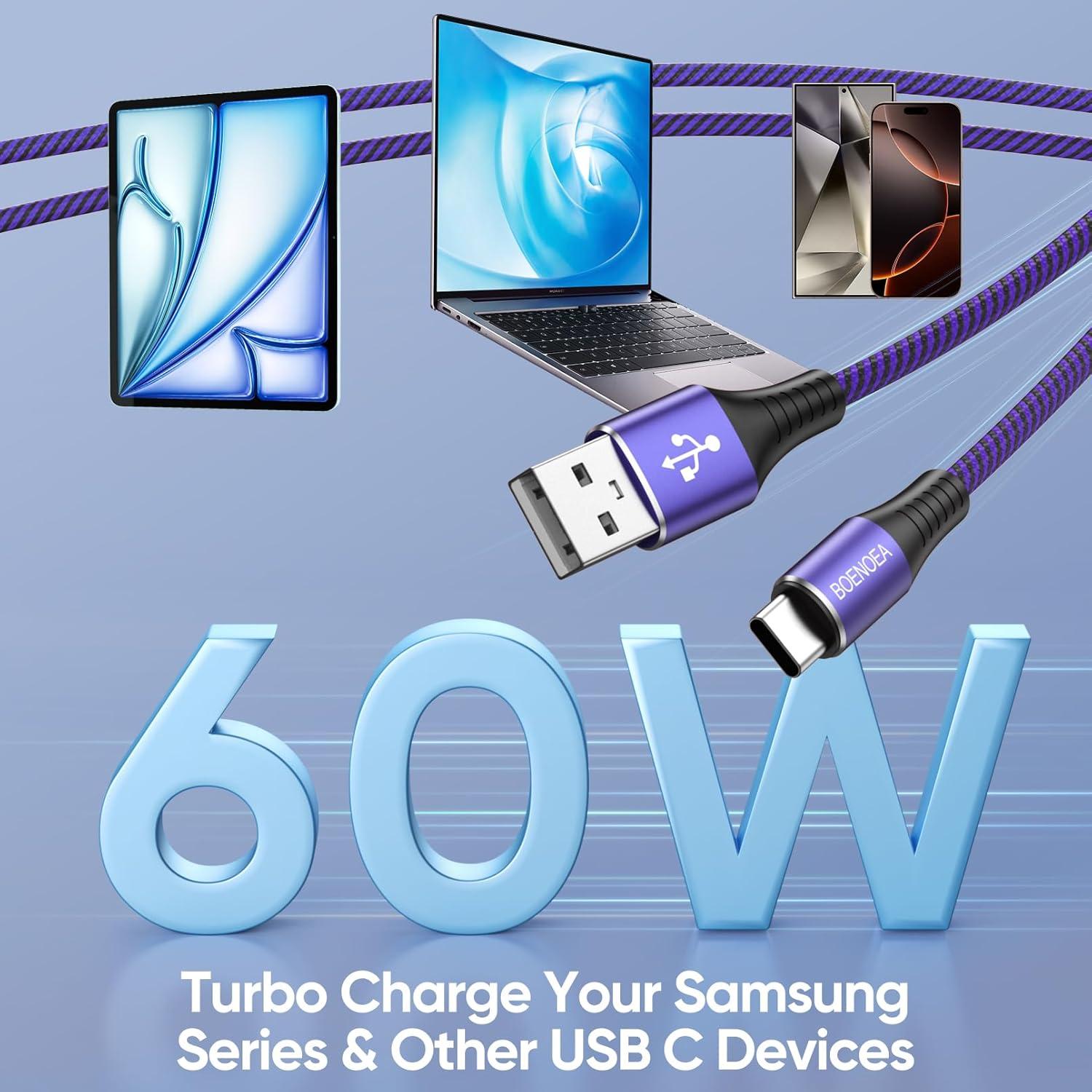 Cable USB C 3m Boenoea 4-Pack Carga Rápida Trenzado