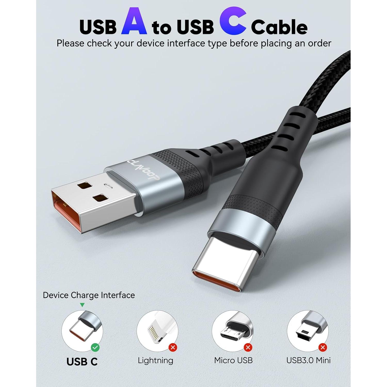 Cable USB C 4.57m CLAVOOP Carga Rápida 23W Trenzado Negro