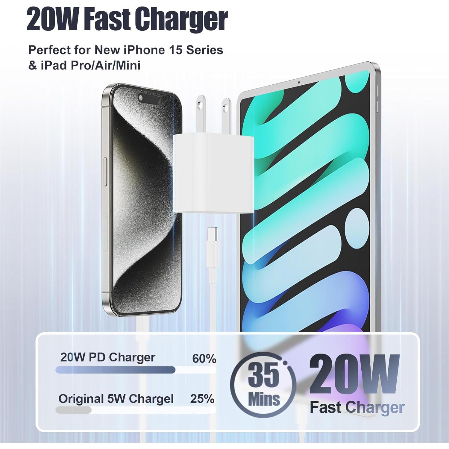 Cargador Rápido 20W USB C para iPhone 16/15, Cable 3m