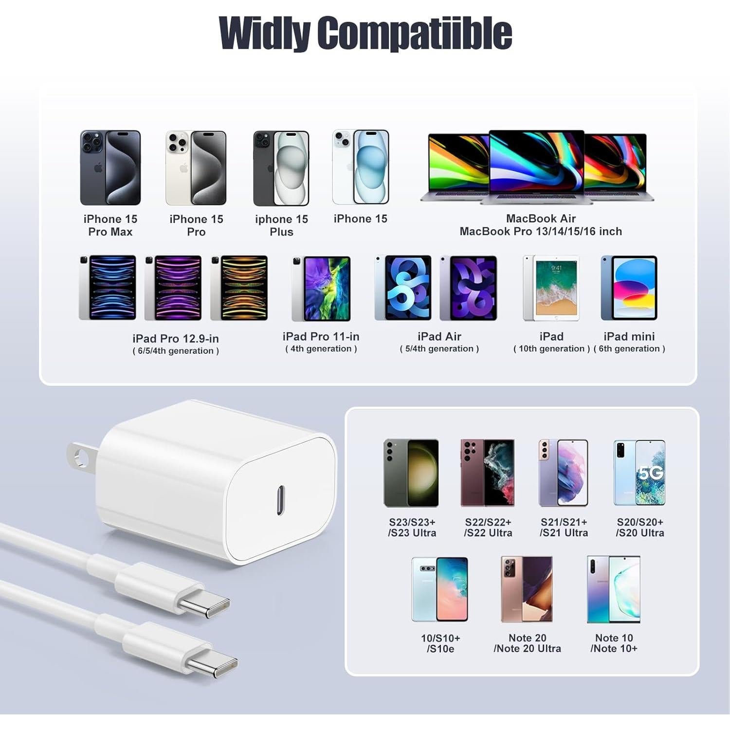 Cargador Rápido 20W USB C para iPhone 16/15, Cable 3m