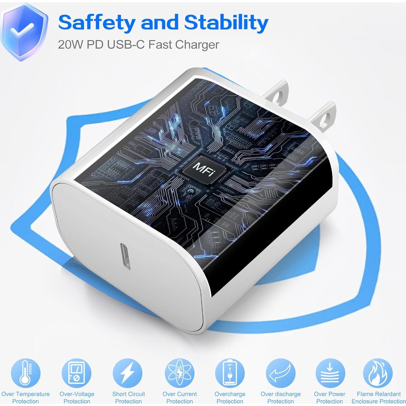 Cargador Rápido 20W Apple iPhone 17 16 15 Pro + Cable 6FT