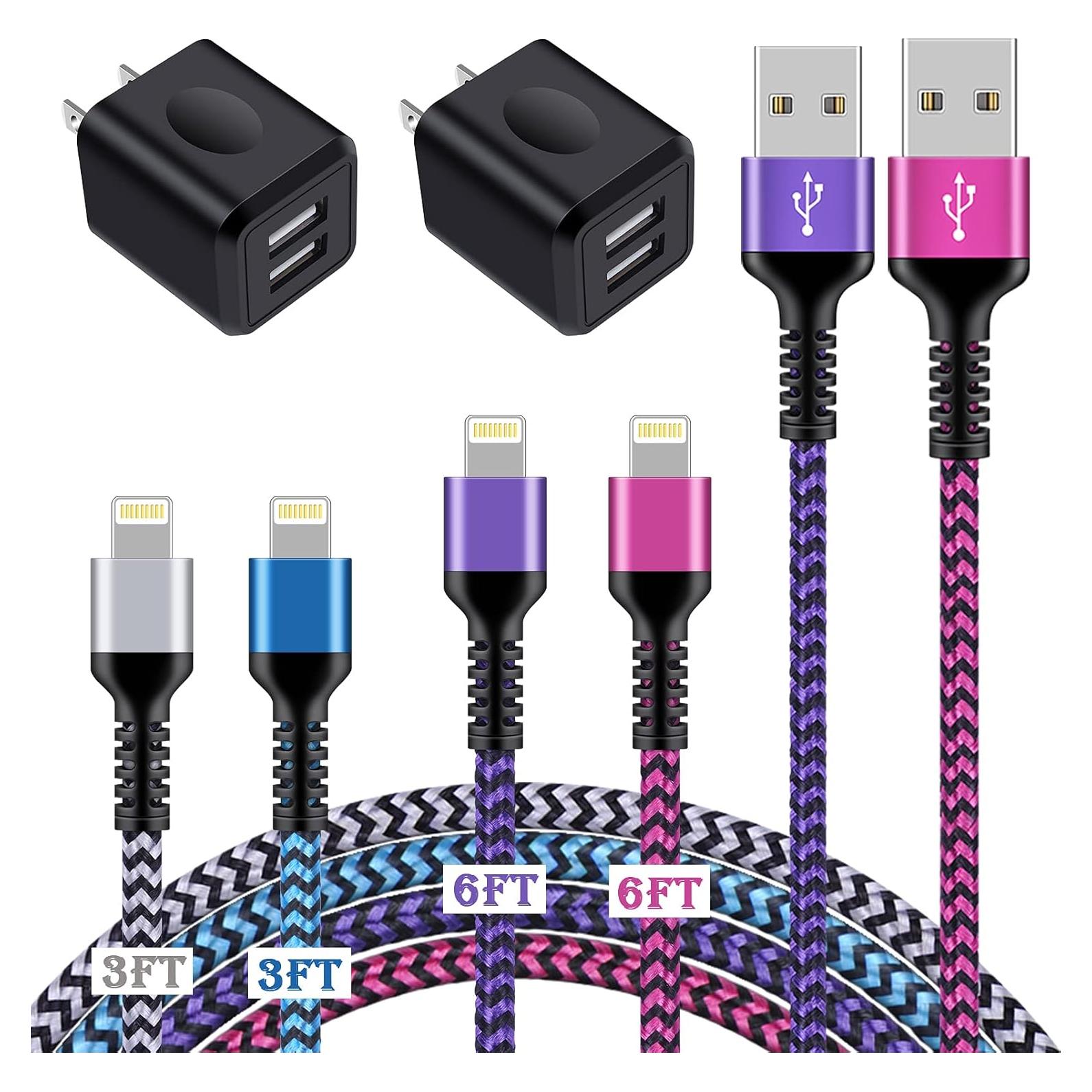 Cargador Rápido USB Doble Puerto + 4 Cables Trenzados iPhone
