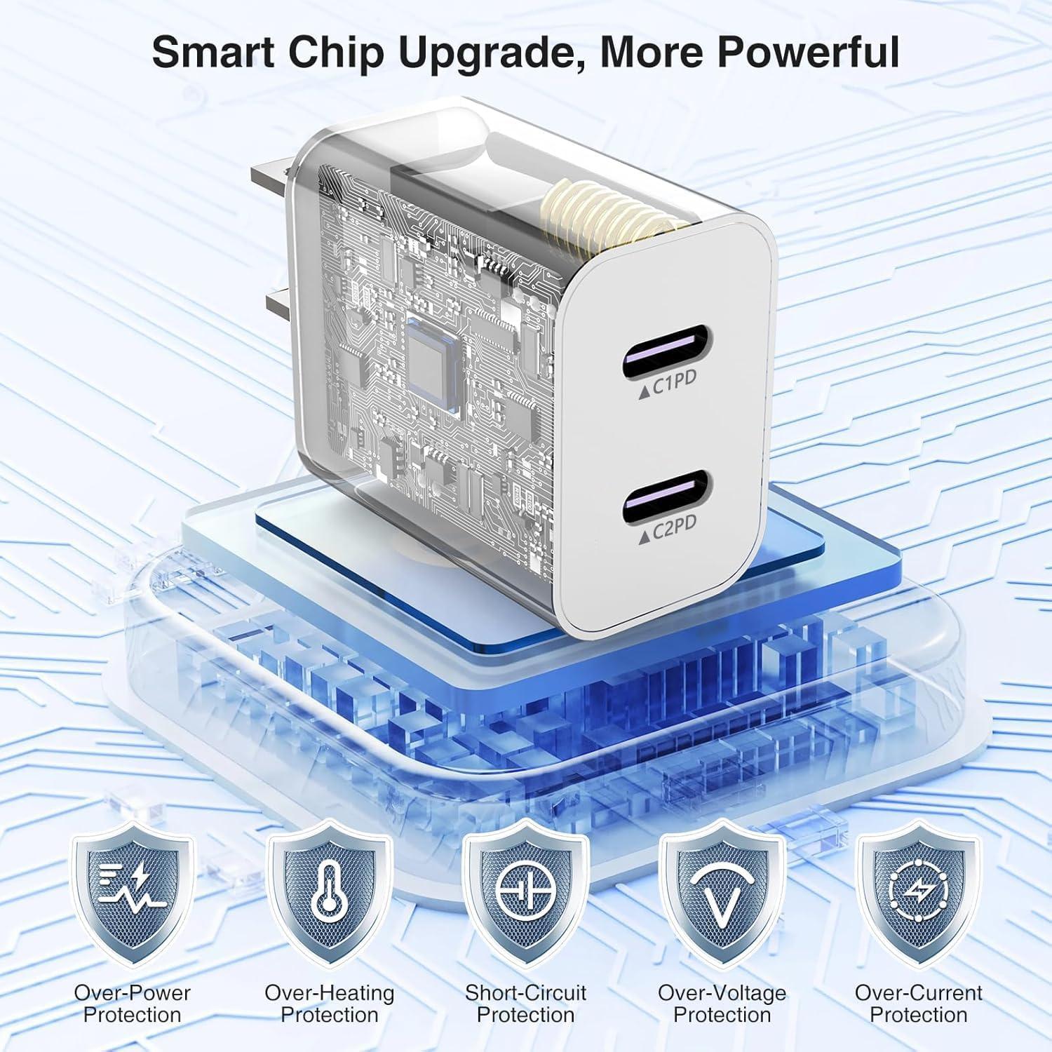 Cargador Rápido Dual USB C 20W para iPhone 16 - 2 Piezas con Cable 10FT