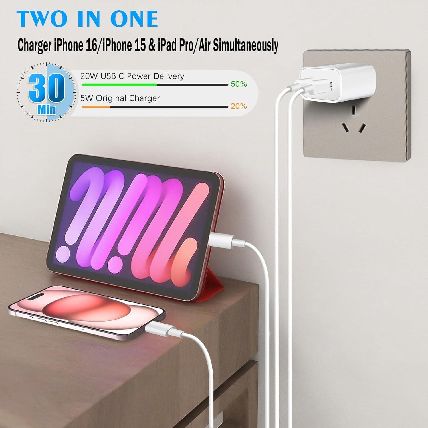 Cargador Rápido Dual USB C 20W para iPhone 16 - 2 Piezas con Cable 10FT