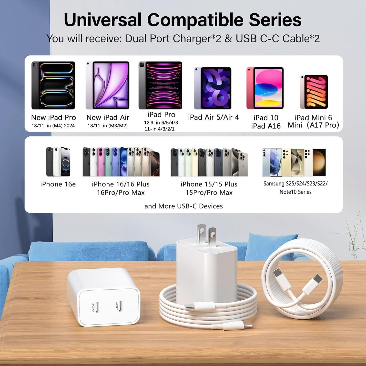 Cargador Rápido Dual USB C 20W para iPhone 16 - 2 Piezas con Cable 10FT