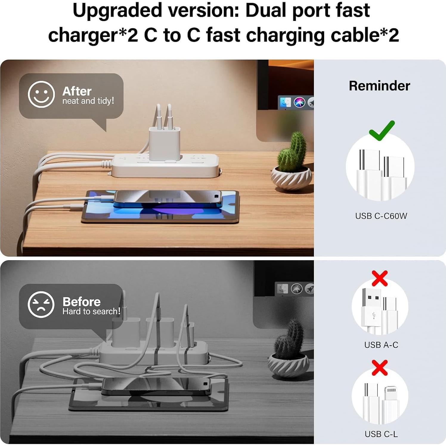 Cargador Rápido Dual USB C 20W para iPhone 16 - 2 Piezas con Cable 10FT