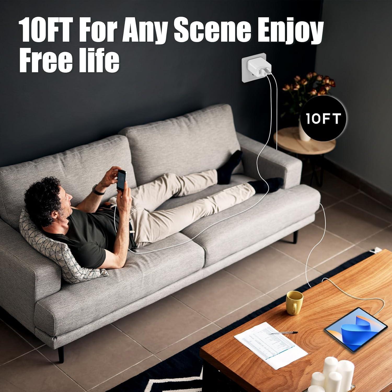 Cargador Rápido Dual USB C 20W para iPhone 16 - 2 Piezas con Cable 10FT