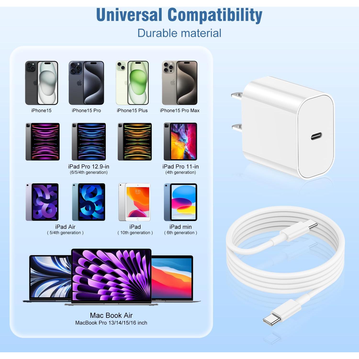 Cargador Rápido USB C 20W Apple con Cable 10FT Blanco